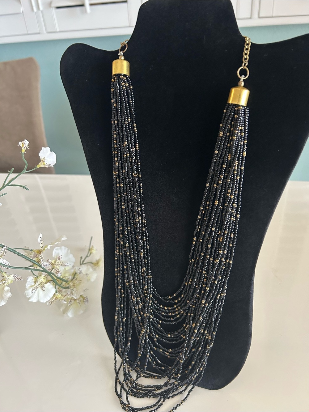 Multi-Strand Black Beaded Layered Necklace with Gold Accents
